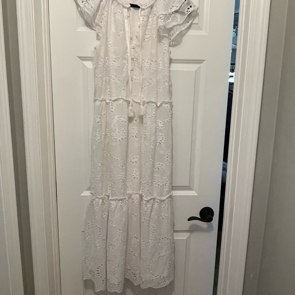 CHICO’s MIDI DRESS EYELET TIERED DRESS Alabaster WHITE Sz 1.5 - Picture 2 of 11